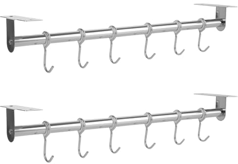 VIDETOL 2 Stück Hakenleiste Küche Edelstahl, 40 cm Hakenleiste Selbstklebend, Küchenleiste mit 6 Haken, Küchenutensilienhalter ohne Bohren für Küche und Badezimmer