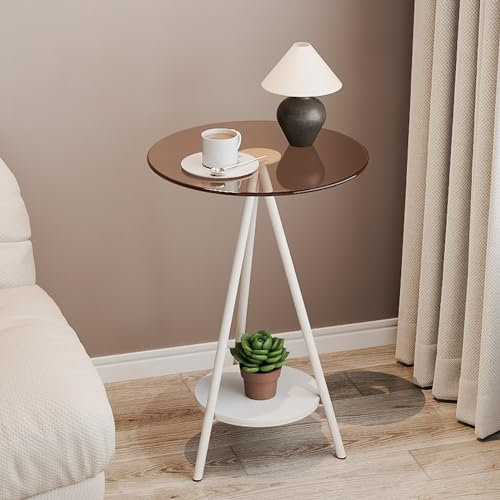 2-stufiger Beistelltisch, Beistelltisch mit Platte aus gehärtetem Glas, runder Beistelltisch mit Metallbeinen, kleiner Akzenttisch, Snacktisch für Wohnzimmer, Schlafzimmer, kleiner Raum, einfache