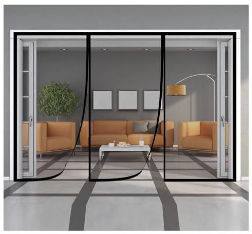 Mosquitera Puerta Corredera Magnetica, 155x225cm Mosquiteras a Medida Magnética Automático Cierre magnético Que se Cierra automáticamente para Terraza，negro