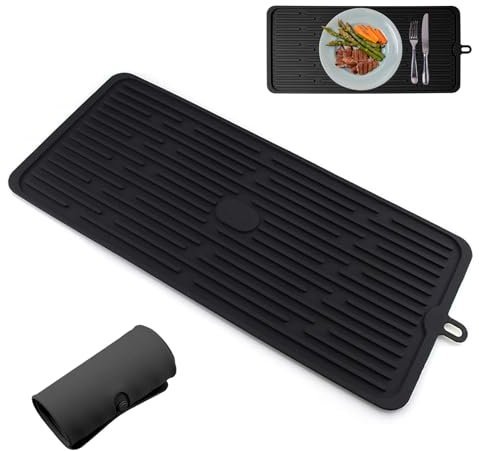 Weyying Alfombrilla Escurreplatos de Silicona Plegable, Negro Alfombrilla para Secar Platos, Antideslizante Secado Rápido de Vasos, para la Bandeja Cubiertos, Vajilla, Botellas, 44.5 * 20CM