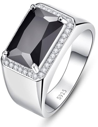 Yaresul Schwarzer Onyx Ring für Männer 7ct 8X12mm Herren Silber Ringe Rechteck Schliff mit weißen Cubic Zirkonia 925 Sterling Silber Ringe für Männer Hochzeit Verlobungsband, Größe 52(16.6)