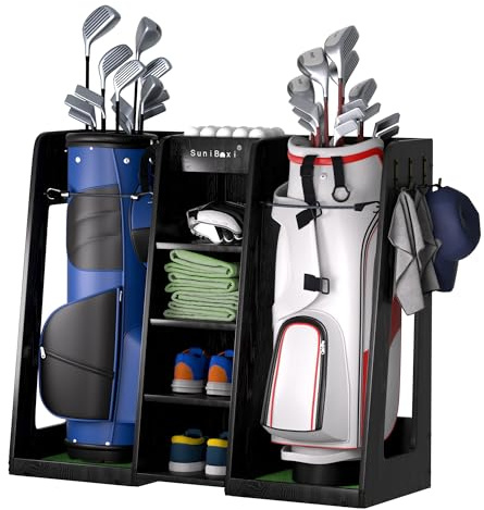 SuniBoxi Wooden Golf Storage Organizer for Garage, Premium Golf Bag Holder Rack for Golfing Accessories, Great Gift for Golfers,Husband, Dad(2 Bags,Dark Black)