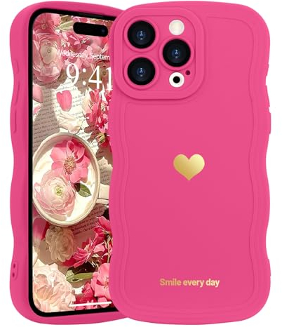 LAPOPNUT for iPhone 14 Pro Max Case,Cute Curly Wave Frame Love Heart Phone Case for Girls Women,Soft Silicone TPU Bumper Shockproof Camera Protective Cover for iPhone 14 Pro Max 6.7 inch,Hot Pink