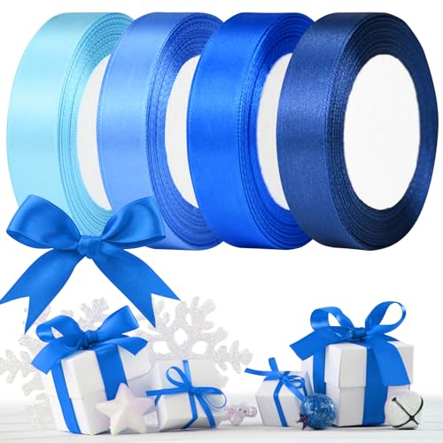 Lot de 4 rouleaux de ruban de satin de 20 mm - Ruban décoratif pour mariage, bijoux de cheveux, rubans cadeaux pour la Saint-Valentin, Noël, les anniversaires, les mariages, les baptêmes - Bleu
