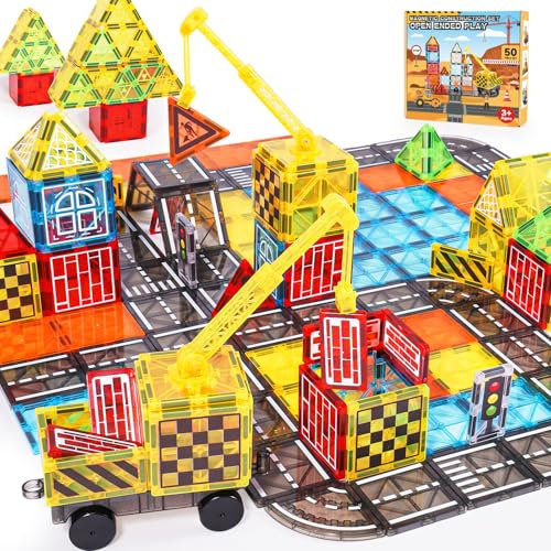 iKidiki Magnetic Tiles for Kids Age 3+, Toys for Boys Girls STEM Magnet Car Track Magnetic Building Blocks Learning Educational Construction Toys