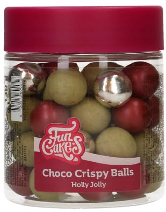 FunCakes Choco Crispy Balls, Holly Jolly, Edible Chocolate Decorations, Great for Decorating Cakes, Cupcakes, Cookies, and Pastries, 60 g