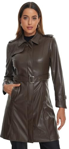 Allegra K Manteaux mi-Longue Femme Trench en Simili Cuir avec Ceinture Veste Faux Cuir Coupe Cintrée Col à Revers et Manches Longues Blouson PU de Motard Café XL