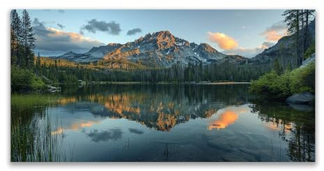 JOSUE Wald Bilder Auf Leinwand Lake Mountain Cloud Painting Bilder Leinwand,Grau, Grün Wandbilder Wohnzimmer Wanddeko Badezimmer Dekor-60x120cm Ungerahmt