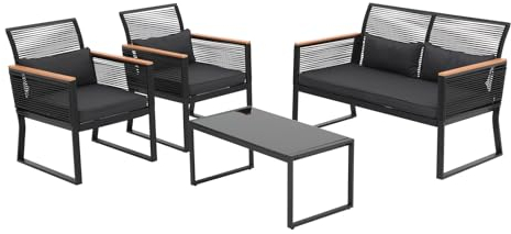 OC Orange-Casual 4 tlg Gartenmöbel Set, Rattan Terassenmöbel für Außenbereich, Rattan Sitzgruppe für 4 Personen, mit Beistelltisch und Kissen,2 Packet insgesamt, für Balkon, Garten, Hinterhof, Schwarz
