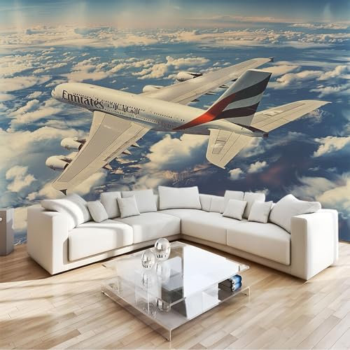 Papier Peints Panoramique Avion Ciel Nuages Poster Mural Intissé 3D, Multicolore Muraux Pour Salon Chambre Chambre D'Enfant Décoration Murale 200x140cm