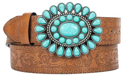 INOGIH Damen-Gürtel, Vintage, Western-Leder, Türkis, Schnalle, Cowgirl-Country-Boho-Taillengürtel (für Taille von 83,8 cm bis 96,5 cm), Braun mit Türkis, for 28 to 38 Waist