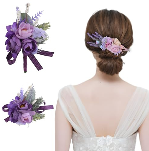 URROMA Wrist Flower, 3Pcs Purple Rose Head Flower Chest Flower Wrist Flower Set for Prom Artificial Wedding Wrist Corsage for Wedding Party Prom