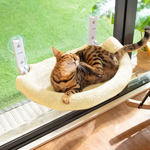 CATISM Klappbar Katzen Hängematte mit Kissen Fensterliege für Katzen 50x36.5cm Halbkreisförmig Katzenhängematte Katze Katzenliege Fensterbank Fensterliegeplatz Katzenhängebett, Beige