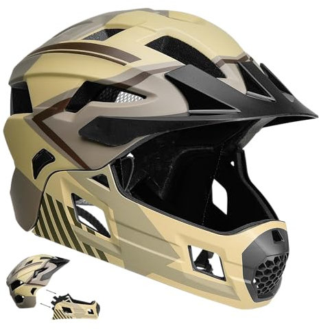 Crazy Safety Sandfarbener Fullface Helm |Für Mountainbike, BMX |Kinderhelm mit abnehmbarem Kinnschutz |2-in-1 Fullface- und Standardhelm | Motocross Fahrradhelm Größe M(54-57cm)