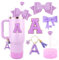 Lingdeer Purple Cup Accessories Set for Stanley 30OZ & 40OZ Tumbler with Handle, Letter Charms, Bow & Diamond Straw Covers, Glitter Silicone Boot, Personalized Sticker for Stanley Cup Accessories (A)