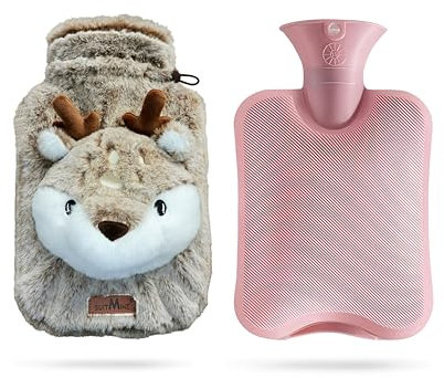 suitmine Hot Water Bottle PVC 2L Leak-Proof with Removable Plush Cute Deer Cover for Pain Relief Hot and Cold Therapy,Hands Feet Abdomen and Neck Warmer,Cord Lock,Brown
