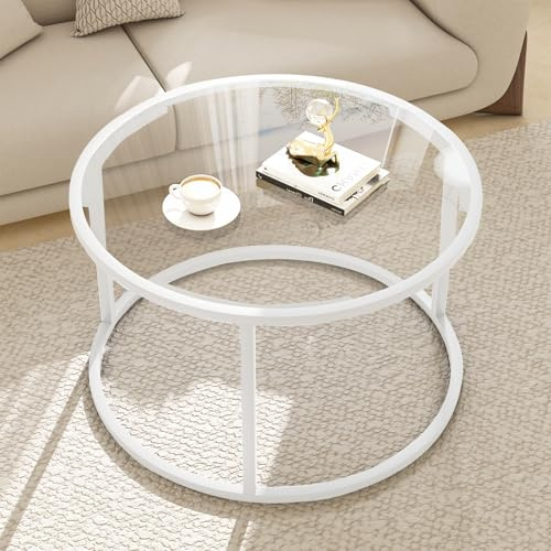 Runder Couchtisch aus Glas für Wohnzimmer, minimalistischer, moderner Mitteltisch mit Metallrahmen für kleinen Raum, einfache Montage, 68 x 68 cm, Weiß
