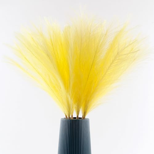 Acfruits Light Yellow Faux Pampas Grass Large Fluffy 27.6Inch Tall, 6Pcs Artificial Fake Flower Boho Decor Bulrush Reed Grass for Vase Filler Farmhouse Home Wedding Decor