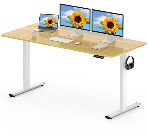 FLEXISPOT 160 x 80cm Electric Standing Desk ONE PIECE Height Adjustable Desk Sit Stand Desk with 4 Memory Smart Pannel and Backpack Hook for Home Office, (White Frame+Maple Desktop)