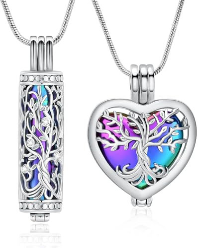 VCCWYQK Tree of Life Urn Necklace for Ashes with Hollow Glass Vial Cylinder Cremation Jewelry Keepsake Memorial Lockets for Women Men Pet Ashes Holder (A-Colorful-2PC)