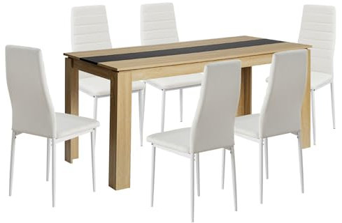 FURNITABLE Esstisch mit 6 Stühlen Esszimmergruppe, 6er Set Esszimmerstühle und Rechteckig Holztisch Essgruppe für Wohnzimmer Küche Büro(120 * 70cm Tisch+6 Weiß Stühle)
