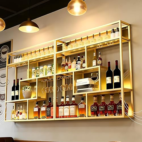 SPTZQURY 240cm Portabottiglie da Parete, 4 Livelli Grande Portabottiglie in Metallo da Parete con Supporto in vetro,Multifunzione Industriale Espositore di vino a parete (oro, 4 livelli, 240cm)