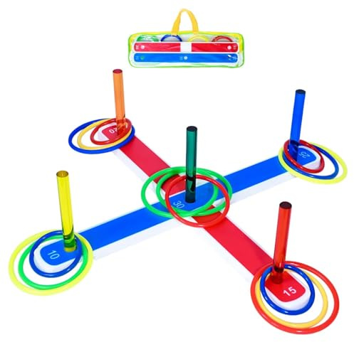 Digiele Juego de Lanzamiento de Anillo, Juegos Exterior para Niños y Adultos, Cuerpo de Acrílico y 24 Aros de Plástico de Colores, 3 Anillos de Tamaño: 6 cm, 8 cm y 10 cm, 2 Modos de Juego Jardin Set