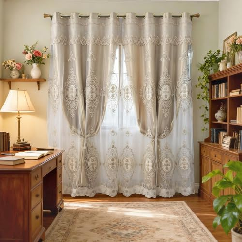 Amidoudou europäische, doppellagige Vorhänge für Wohnzimmer, Schlafzimmer, luxuriös, mit 3D-Blumen bestickte Vorhänge mit Volant, 1 Paar, (Gold, 132,1 × 259,1 cm)