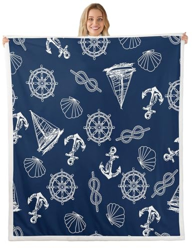 Homemissing Ozean Theme Kuscheldecke Marineblau Weiß Anker Decke 150x200cm für Kinder Männer Ruder und Shell Druck Wohndecke für Sofa und Couch