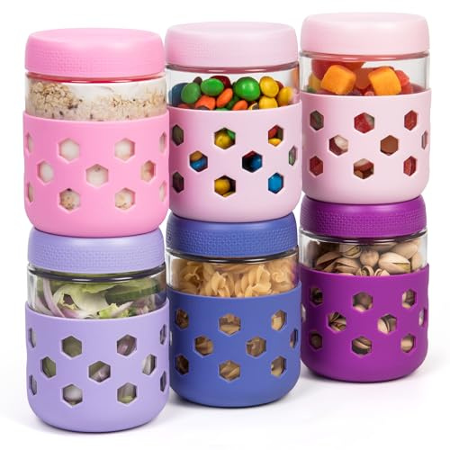 Gemice Lot de 6 bocaux à avoine en verre avec manchons en silicone, 500 ml avec couvercles, pots à salade, petit déjeuner, bocaux Mason pour chia, pudding, granola, yaourt, bouillie, céréales