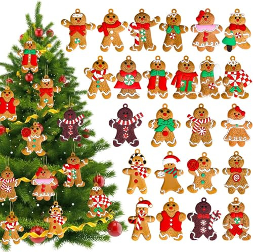 UCLEVER 24 adornos de hombre de jengibre para árbol de Navidad, figuras de pan de jengibre surtidas, adornos de madera, decoraciones colgantes para árbol de Navidad, 3 pulgadas de alto (24, pan de
