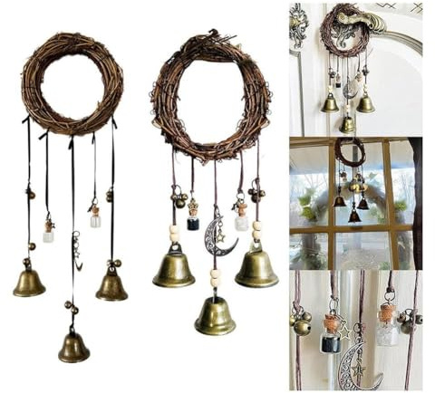 Helilyco Carillons éoliens décoratifs en osier pour jardin, balcon et porte – Rotin suspendu avec clochettes en cuivre et bouteilles en verre style bohème (2 pièces)