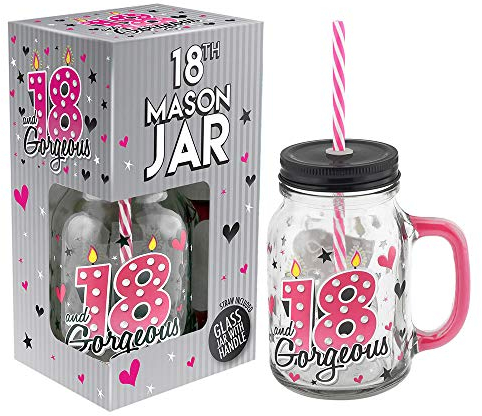 Lesser & Pavey 18th Birthday Cocktail Drinking Mason Jar With Metal Lid Glass Handle and Pink/White Straw 500ml - Lovely 18th Birthday Gift Idea