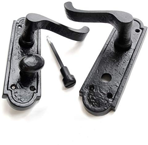 Pair of Black Hammered Victorian Scroll Lever Bathroom Privacy Lock Door Handles ON Back Plate