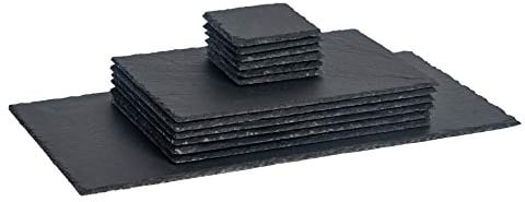 Argon Tableware Rectangle Slate Placemats, Drink Coasters & Platter Set - 13pc - Black Natural Slate Dinnerware Place Settings Dining Mats for Kitchen, Home, Bar, Restaurant, Weddings, Events