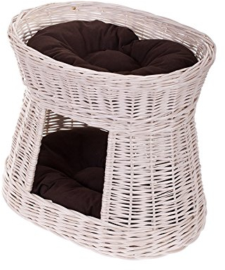 e-wicker24 Alles aus Weide Ovale Katzenhütte in Beige, Katzenkorb aus Weide, Korb für die Katze mit Zwei Etagen, Katzenlager mit Kissen, Katzenturm