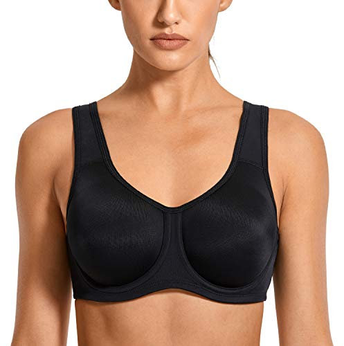 SYROKAN Women's Max Control Solid High Impact Plus Size Underwire Sports Bra Black 42 G