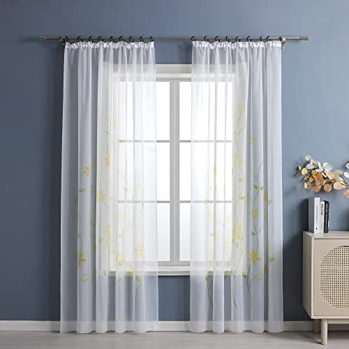 Yujiao Mao Voile Gardine mit Blumendruck Flowers farbenfrohe Vorhänge Schal mit Kräuselband 1er Pack Gelb BxH 150x145cm