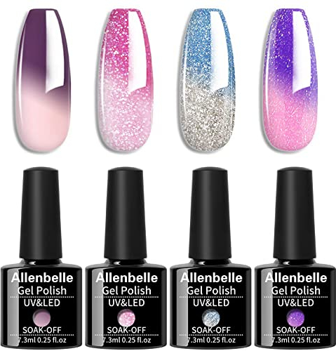 Allenbelle UV Nagellack Thermo Set 4 Farben Mit Geschenkbox,Gel Nagellack Farbwechsel Shellac Set Uv Gel Nail Art,Soak Off Uv Thermo Nagellac 003