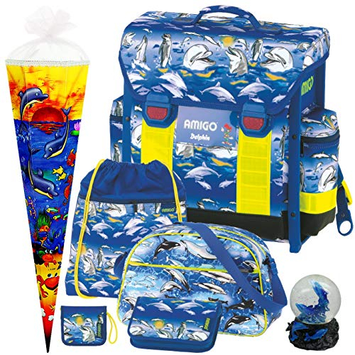 AMIGO Delfin Schulranzen-Set 7tlg. mit SCHULSPORTTASCHE, SCHULTÜTE, SCHNEEKUGEL mit Glitzer gratis