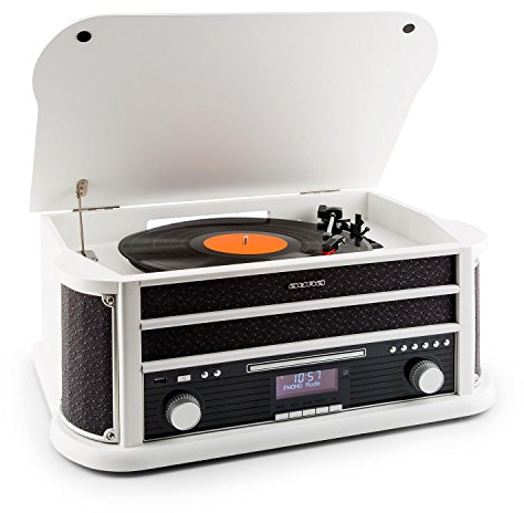 auna Belle Epoque 1908 - Reproductor de Vinilo, Tocadiscos estéreo Retro, Accionamiento por Correa, Radio Digital, Tocadiscos de Vinilo, CD, MP3, RDS, Casete, USB, Dab+, Bluetooth, Blanco