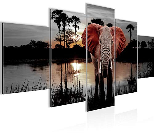 Runa Art - Bilder Afrika Elefant 200 x 100 cm 5 Teilig XXL Wanddekoration Design Grau 001951b