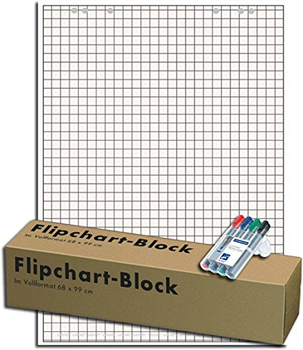 Landre 100050592 Flip-Chart-Blöcke, Vollformat 68 x 99 cm, 20 Blatt, 80 g/qm, 5 Stück (Holzfreies Papier, Gerollt, inkl. 4 Marker)
