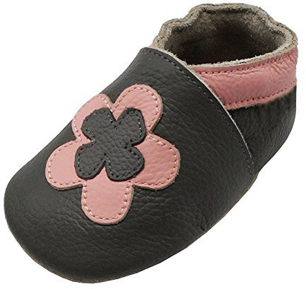 YIHAKIDS Krabbelschuhe Baby Weiche Leder Lauflernschuhe Kleinkind Lederschuhe Hausschuhe Babyschuhe Lederpuschen Lernlaufschuhe Mokassins(Size M, Dunkelgrau Blume, 6-12 Monate, 21/22 EU)