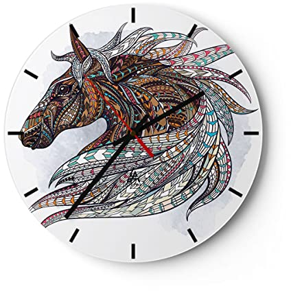 Modern Wanduhr Pferd Eleganz Grafik Kopf 40x40cm Rund Groß Wand Uhr Glas Analog Zimmeruhren Küche Büro Wohnzimmer Glasuhr Wall Clock Dekoration Design Wanddekoration Küchenuhr C3AR40x40-3088