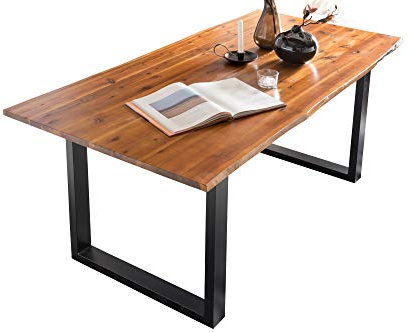 SalesFever Esstisch mit Baumkante aus massivem Akazienholz Cognac Cognac/Schwarz, 160 x 85 cm