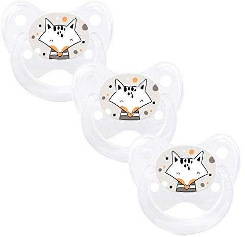 dentistar Silikon Schnuller 3er-Set - Größe 2, 6-14 Monate - Zahn- & kieferfreundlicher Nuckel mit Dental-Stufe – BPA-frei – Made in Germany - Fuchs, Weiß