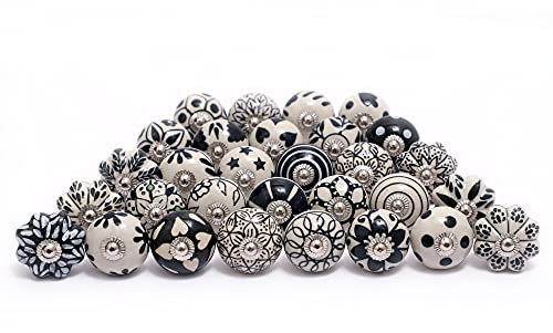 FOLK CRAFT Decorative Drawer Knobs - Pack of 12 Pcs - Brass Steel Cabinet Door Handle Blue Pottery Flower Handmade Home Decor Hardware - Black and White