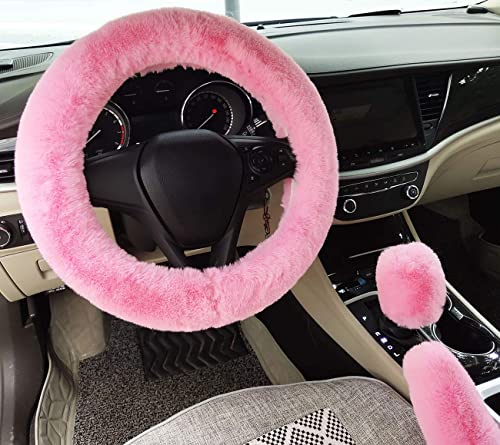 Winter Warm Fluffy Furry Fuzzy Auto Lenkradhüllen,Universal Verdickung Kunstpelz Plüsch Auto Lenkabdeckungen+Schalthebelabdeckungen+Handbremsabdeckungen -3 Stück/Set (pink)