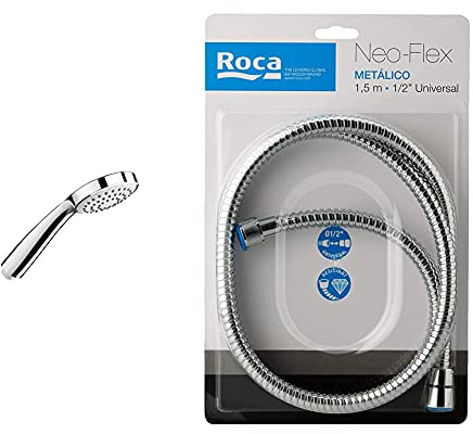 Roca Ag0082700R, Ducha De Mano Con Una Función, Cromado + A5B2816C00, Flexible Metálico Anti-Torsión Universal, 1,50 M, Cromado